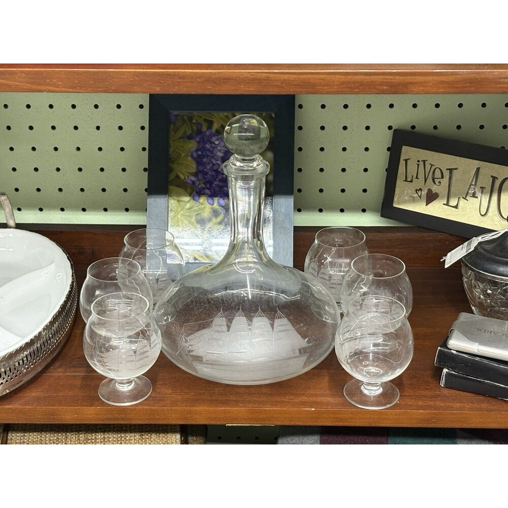 Vintage Clear Etched Glass Decanter w/ Stopper and snifters Schooner design